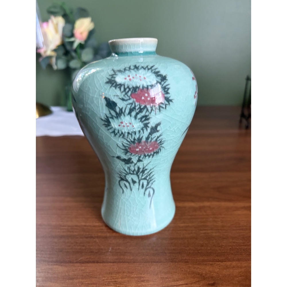 Vintage Celadon Green Crackle Glaze Vase Floral Asian Style Pottery